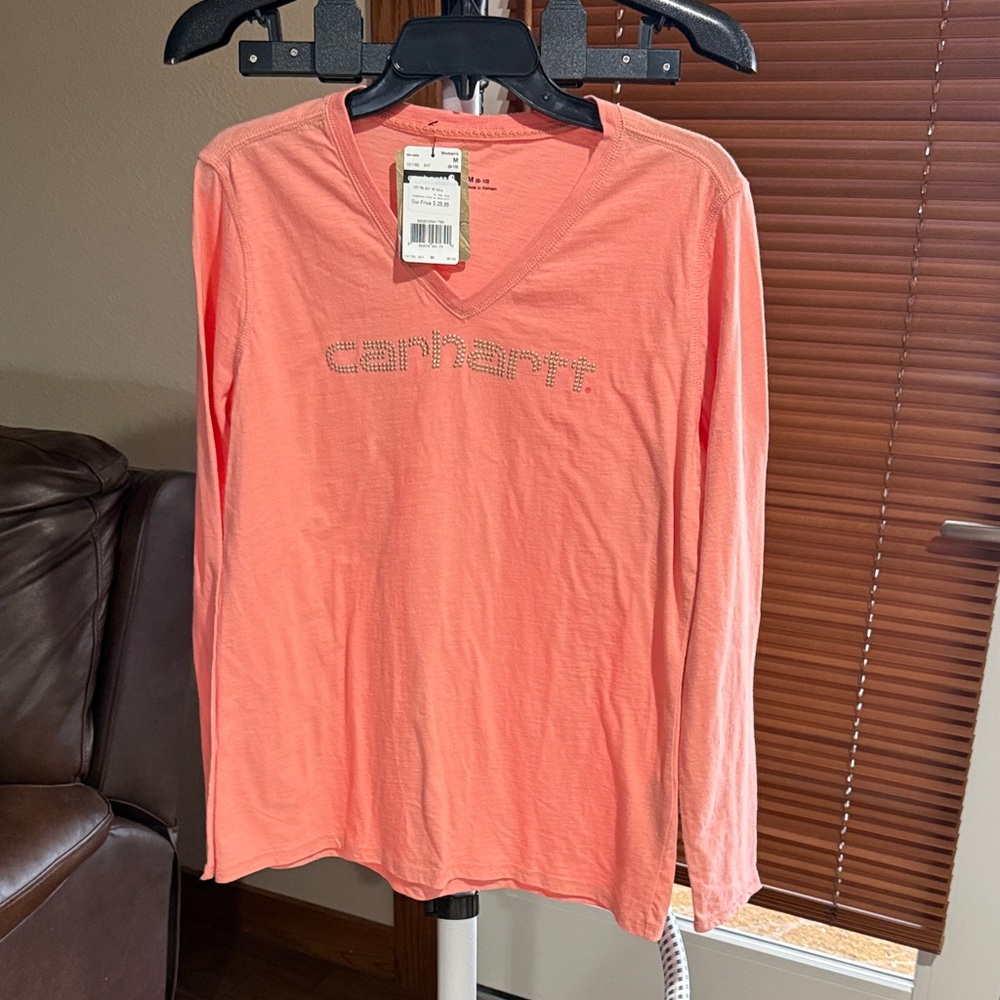 Carhartt Coral Pink V-Neck Long Sleeve Shirt with Rhinestone Logo
